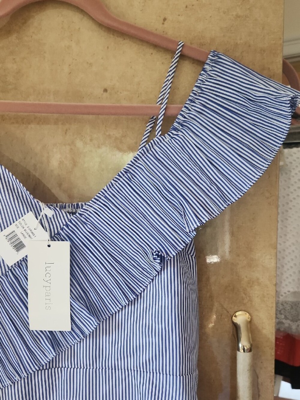 SALE-NWT- Lucy Paris Blue and White Striped One-Shoulder Ruffle Dress - Picture 3 of 7